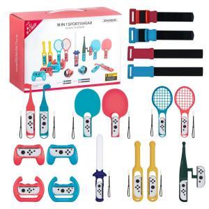 imageMcbazel 18 in 1 Switch Sports Accessories Bundle Tennis Rackets Golf Clubs Fishing Rod Table Tennis Bats Sword Play Grips Drum Stick Racing Wheels Controller Grips Wrist Straps and Leg Straps